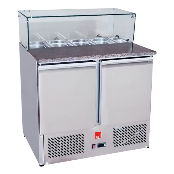Mesón Saladette 2 Ptas Cub/Marmol C/Vidrio 380Lts 5 Dep GN 1/3X15 - 2Kwh/d 2°C /8°C 90x70x104 Cm- SIM2P -110193 ITA